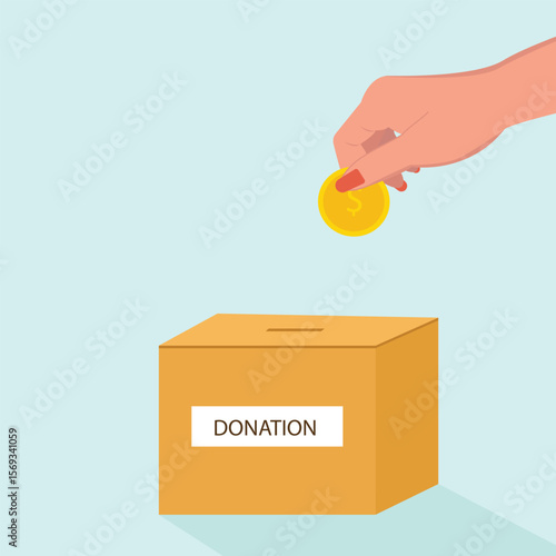 Donation box collecting money and hand putting coin in the donate box. providing material assistance to socially vulnerable people vector illustration