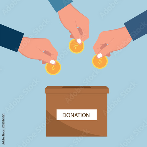 Donation box collecting money and hand putting coin in the donate box. providing material assistance to socially vulnerable people vector illustration