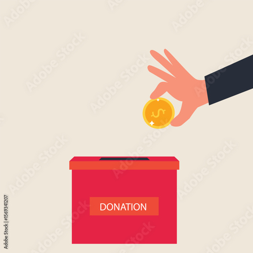 Donation box collecting money and hand putting coin in the donate box. providing material assistance to socially vulnerable people vector illustration