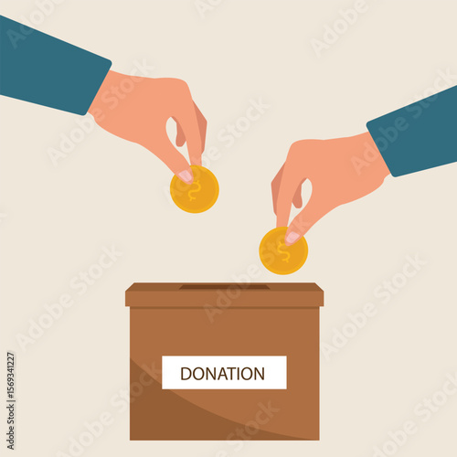 Donation box collecting money and hand putting coin in the donate box. providing material assistance to socially vulnerable people vector illustration