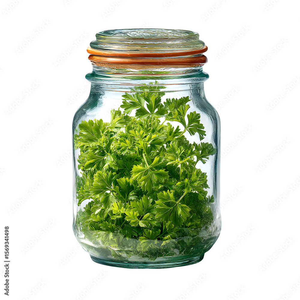 Ground parsley in a glass jar, lid off, high-resolution, white backdrop Ground parsley in a glass jar, lid off, high-resolution, white backdrop