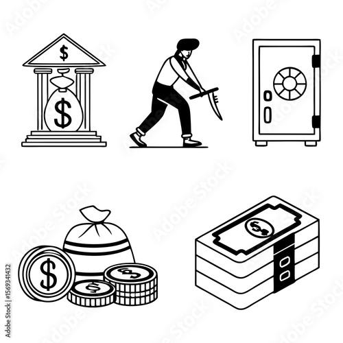 A thief attempts to rob a bank isolated on white background