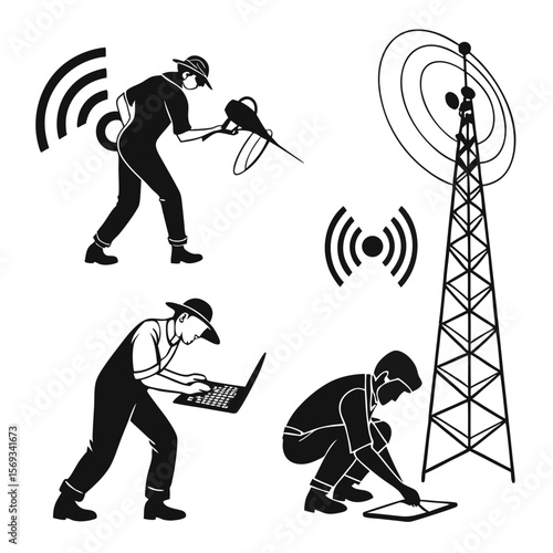 Workers maintain communication towers isolated on white background