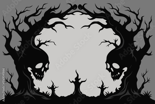 Spooky Halloween Frame Skeletal Trees and Skulls Illustration