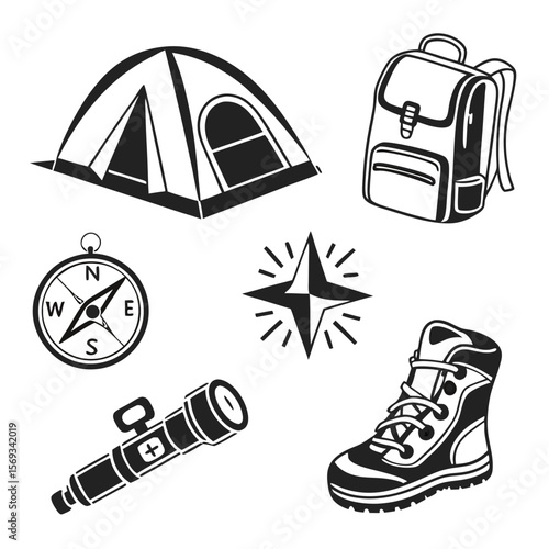 Camping and hiking equipment isolated on white background