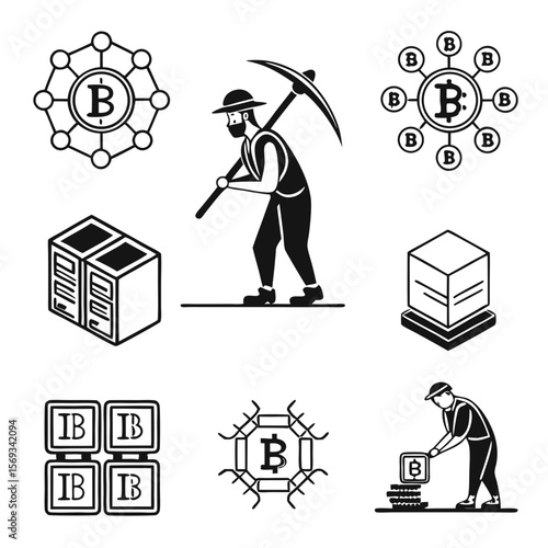 Bitcoin mining icons isolated on white background