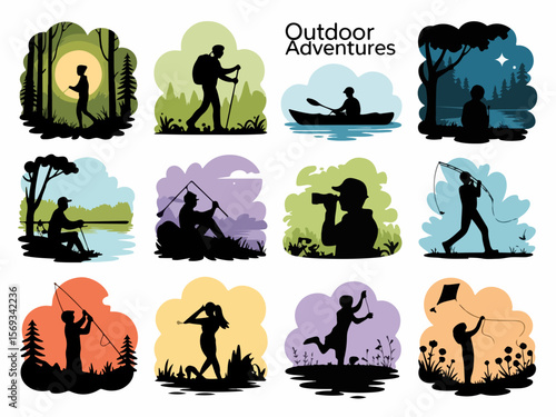 Collection of outdoor adventure silhouettes featuring hiking kayaking fishing photography golf and kite flying in vibrant colorful backgrounds silhouette