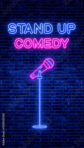 Foto stand up comedy night show and microphone sign neon lights on brick wall backgro