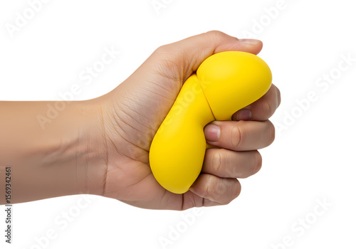 Closeup of a Hand Squeezing a Yellow Stress Ball isolated on transparent background