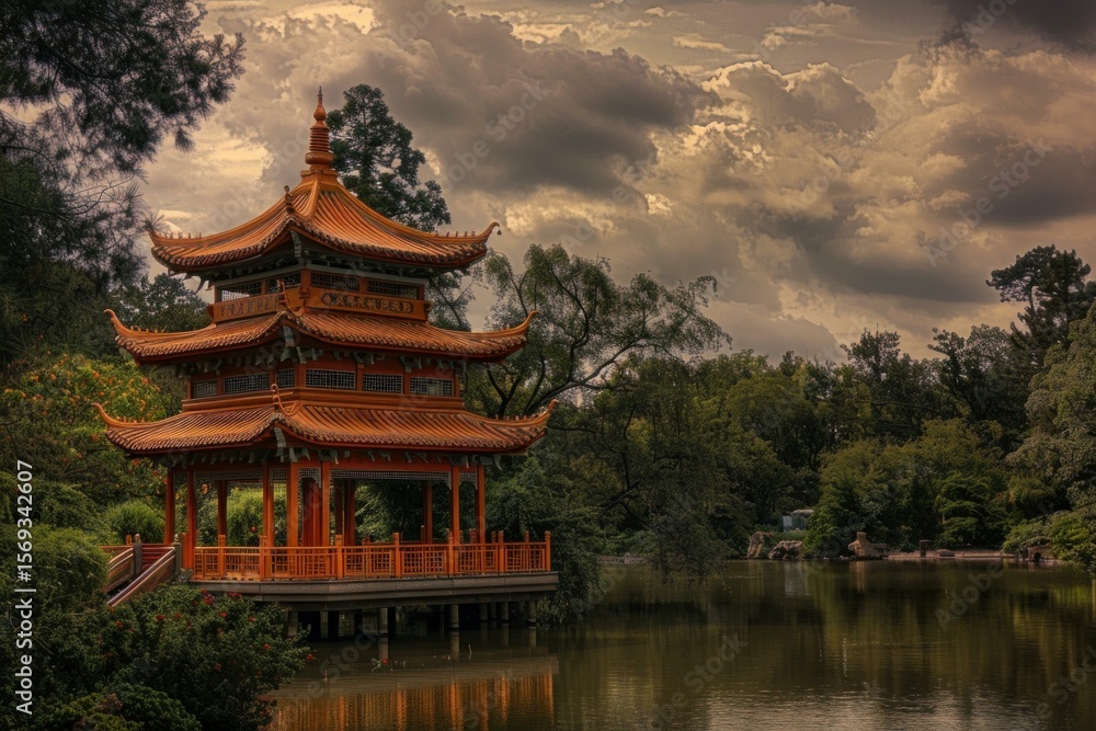 Fototapeta premium Tranquil scene featuring a vibrant chinese pagoda nestled by a peaceful lake, under a dramatic cloudy sky, evoking a sense of serenity and cultural richness