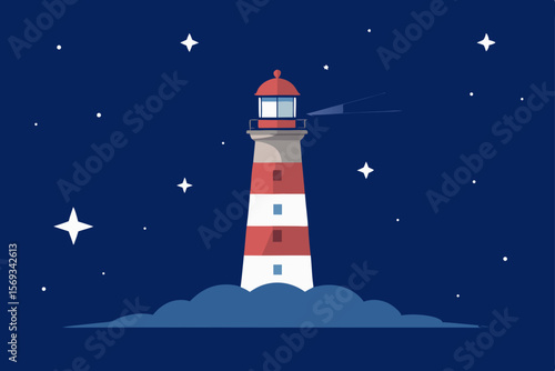 A majestic white lighthouse stands tall against a vibrant blue sky or amidst the dark, guiding ships along the sea coast with its powerful beacon