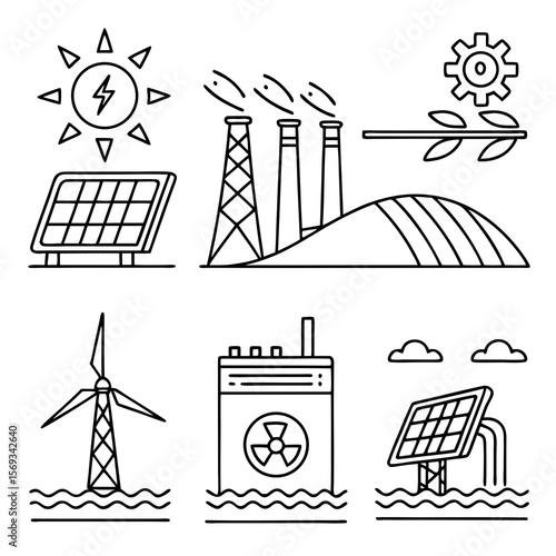 Renewable energy sources are depicted in a line drawing
