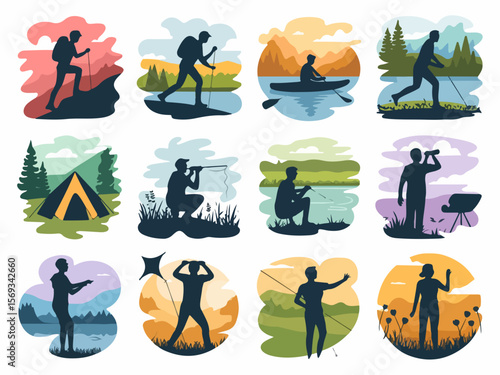 Collection of outdoor activity silhouettes featuring hiking kayaking camping fishing and kite flying in scenic landscapes