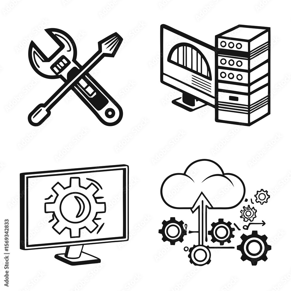 Fototapeta premium Computer and server maintenance and cloud computing, isolated on white background