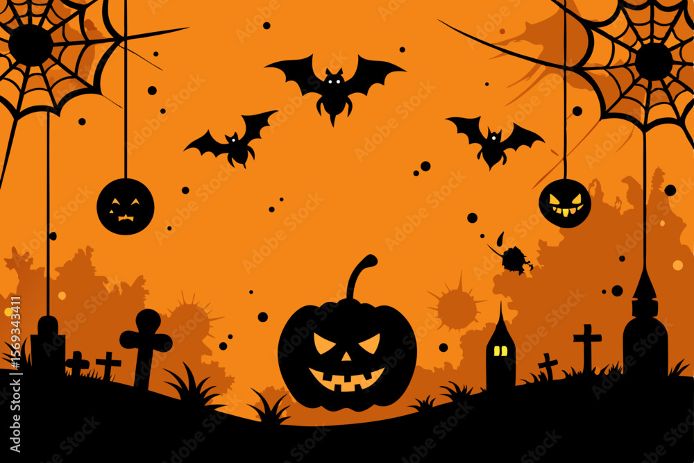 Spooky Halloween night background with scary pumpkins, bats, and a dark tree silhouette illustration, perfect for an October celebration Spooky Halloween night background with scary pumpkins, bats, and a dark tree silhouette illustration, perfect for an October celebration