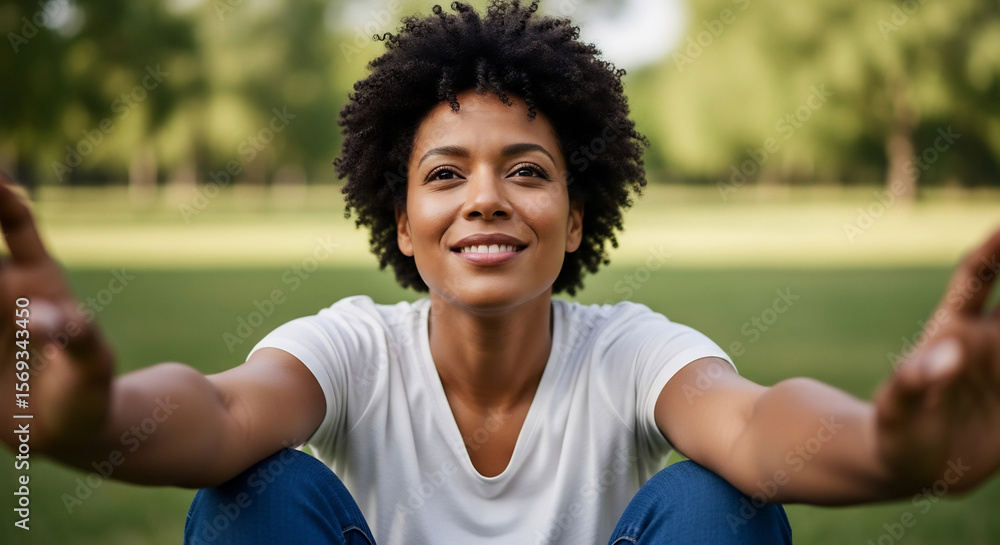 Fototapeta premium Smiling African American Woman Reaching Outward in a Park
