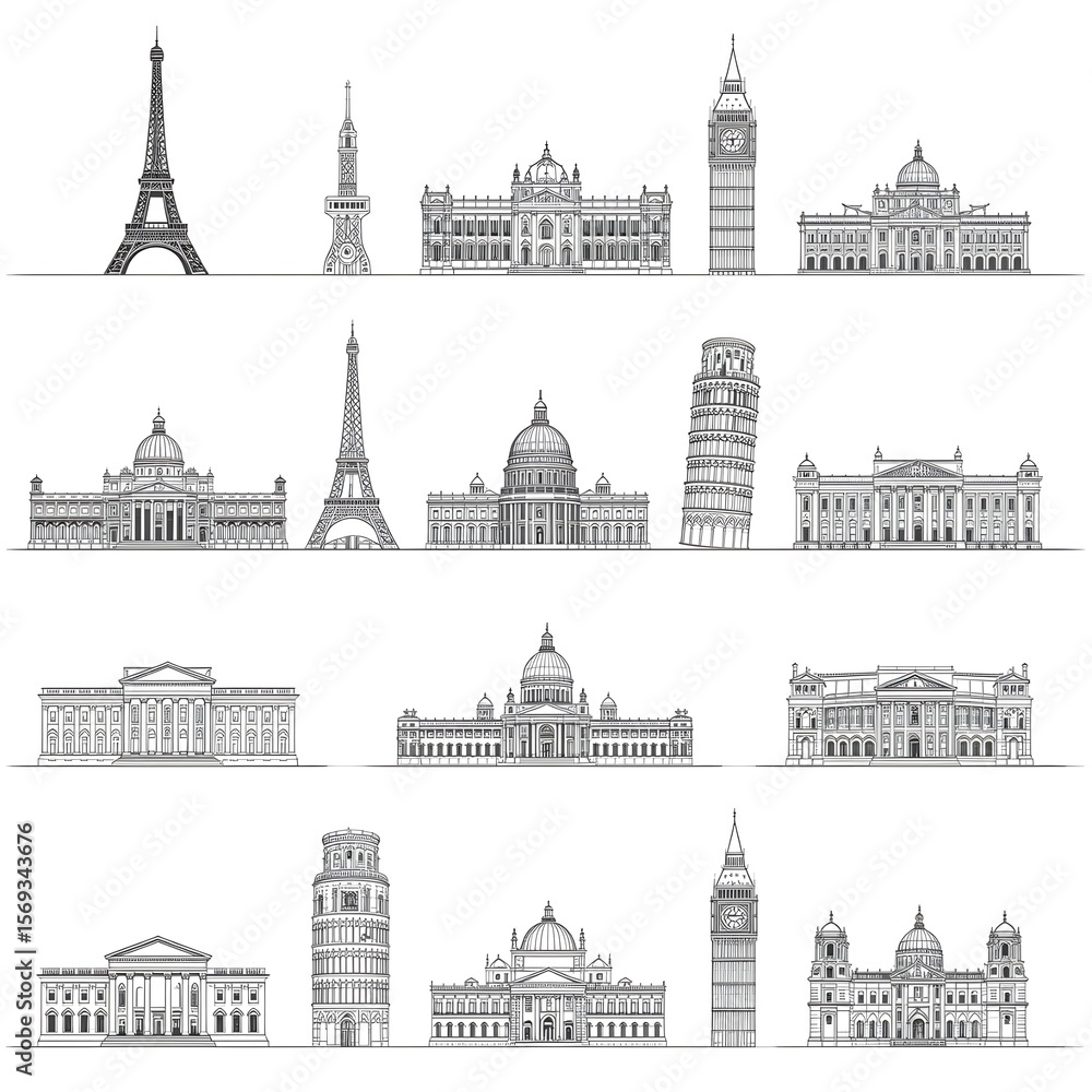 Fototapeta premium Global Landmarks Silhouette/Line Art