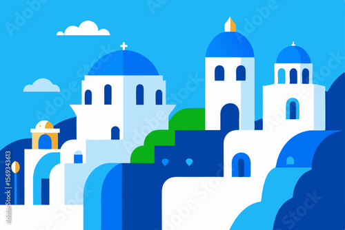 Santorini's Oia village features an iconic old orthodox church with a blue dome, its ancient architecture standing out against the sky, a true European travel landmark