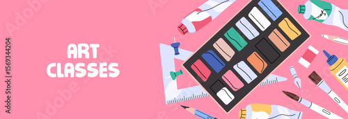 Advertising banner design of art class. Promotion template of drawing school, painting courses. Layout with paints, plasticine, kids stationery, creativity supplies, tools. Flat vector illustration