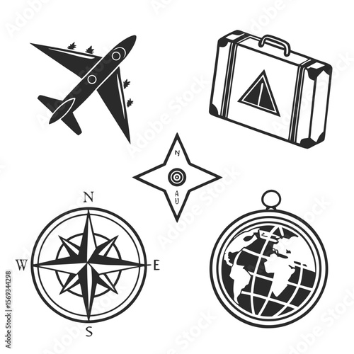 Travel icons including airplane, suitcase, and compass isolated on white background