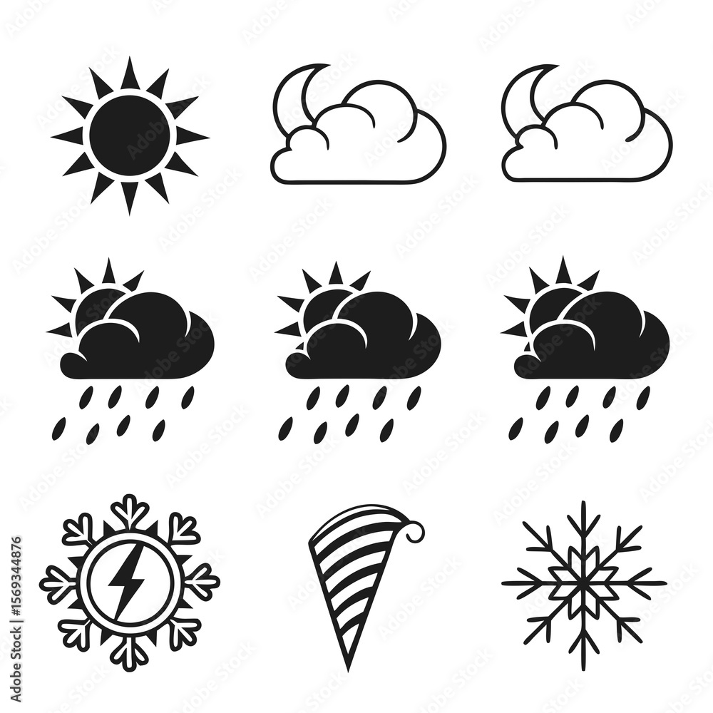 Weather icons depicting sun, moon, clouds, and precipitation isolated Weather icons depicting sun, moon, clouds, and precipitation isolated