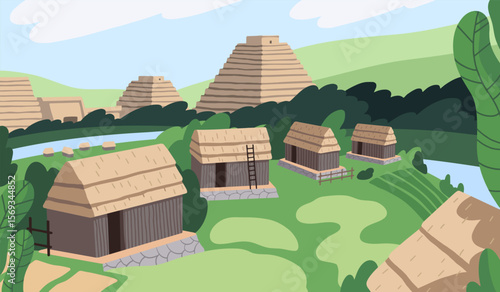 Architecture of Maya civilization. Ancient tribal village of native Mayan tribe. Aztec pyramids, medieval Mexican temples. Old Inca huts, houses, stone buildings of religion. Flat vector illustration
