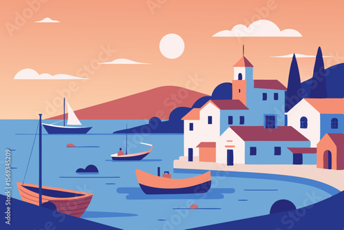 Old Mediterranean town with fishing boats in a serene harbor under a summer sky
