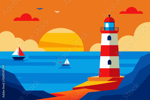 White lighthouse tower stands on the rocky coast by the ocean at sunset, its beacon guiding ships navigating the waters