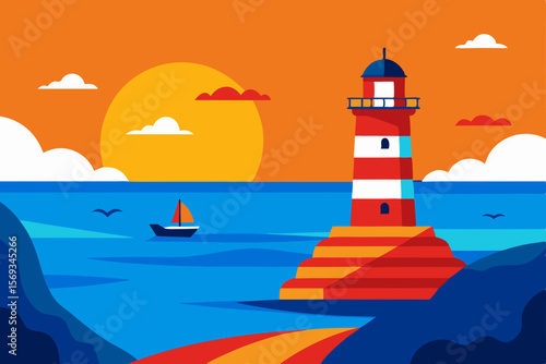 White lighthouse tower stands as a beacon on the rugged coast, guiding ships across the vast sea under a clear sky