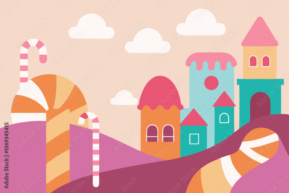 Fototapeta premium Cartoon vector illustration of a city and castle with houses, buildings, and trees under a summer sky