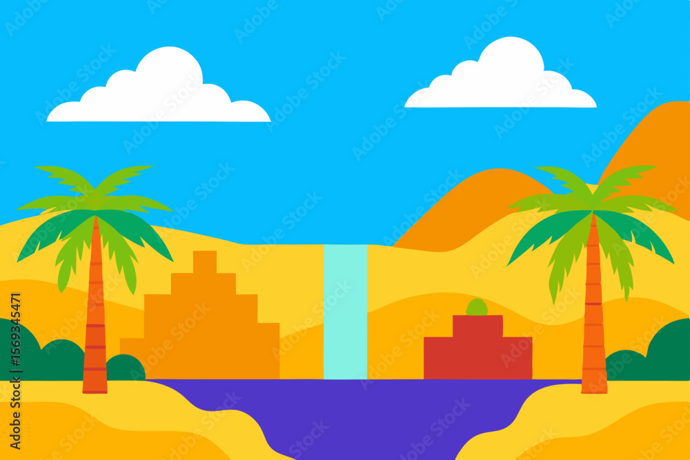 Obraz premium A captivating vector illustration of a tropical city landscape with palm trees and a beautiful beach at sunset