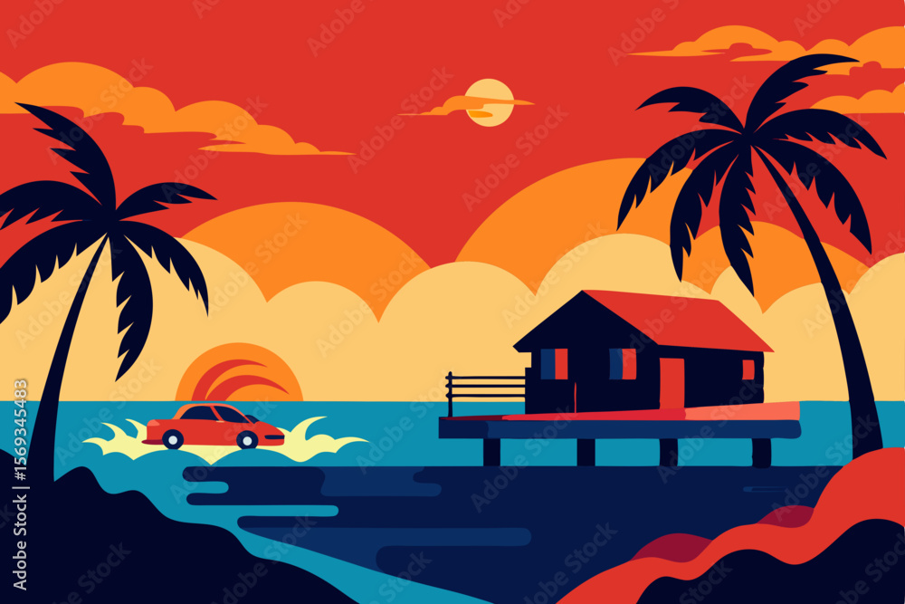 Obraz premium A vibrant tropical sunset paints the sky over a serene beach with silhouetted palm trees, inviting a summer vacation to paradise island