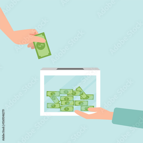 Hand holding donation box collecting money and hand putting paper money  in the donate box. providing material assistance to socially vulnerable people vector illustration