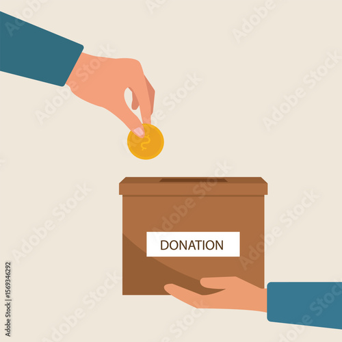 Hand holding donation box collecting money and hand putting coin in the donate box. providing material assistance to socially vulnerable people vector illustration