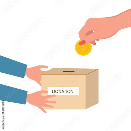 Hand holding donation box collecting money and hand putting coin in the donate box. providing material assistance to socially vulnerable people vector illustration