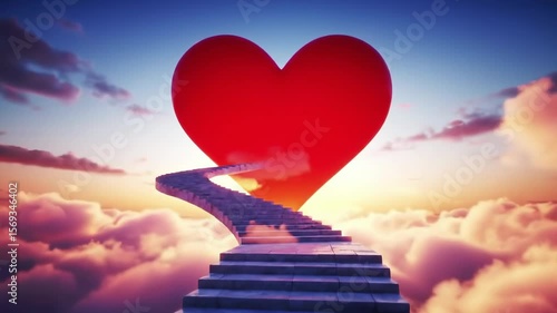 Steps leading to a heart in the sky surrounded by clouds