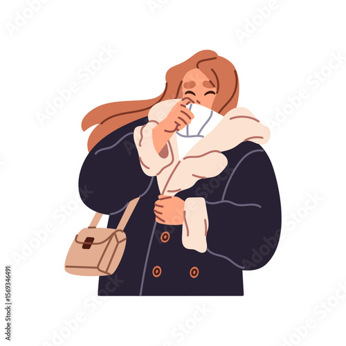 Young woman in outerwear freezes in winter. Sad ill girl in coat coughs in her fist. Person in warm clothes shivers from frost, cold weather. Flat isolated vector illustration on white background