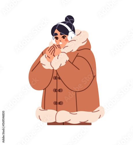 Frozen girl in outerwear warms up her hands. Young woman in winter clothes freezes. Sad person in coat with fur shivers from cold weather. Flat isolated vector illustration on white background