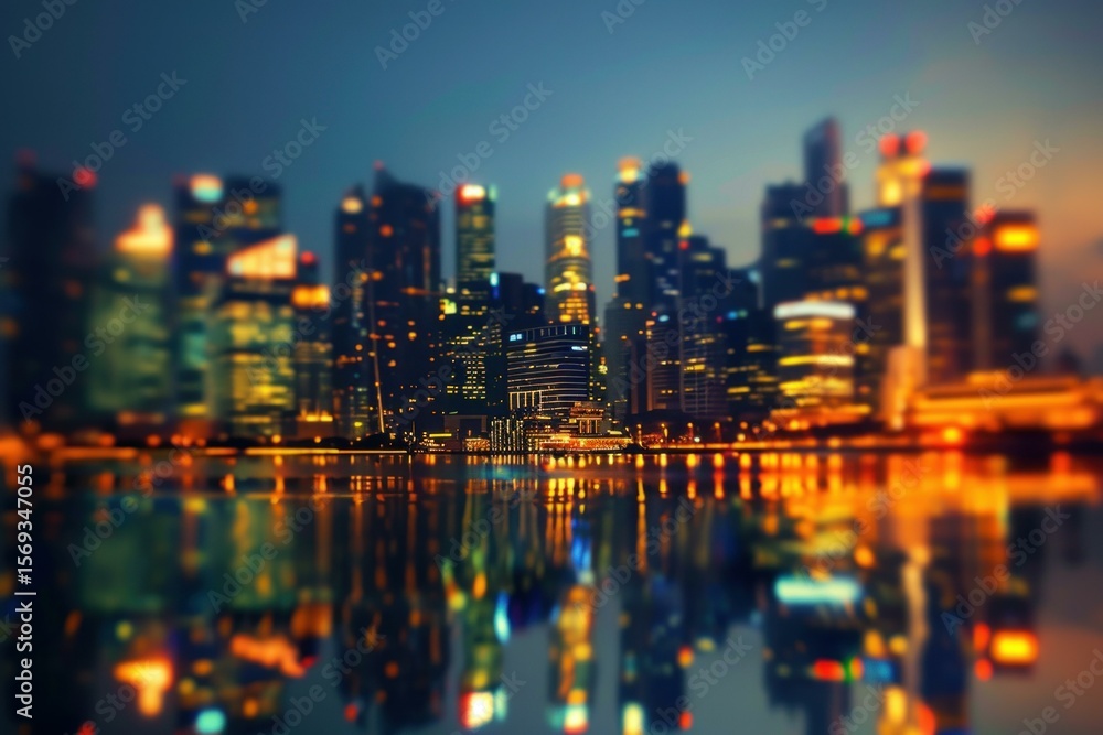 Blurred cityscape of singapore reflecting on water at dusk, showcasing illuminated skyscrapers and modern urban architecture Blurred cityscape of singapore reflecting on water at dusk, showcasing illuminated skyscrapers and modern urban architecture