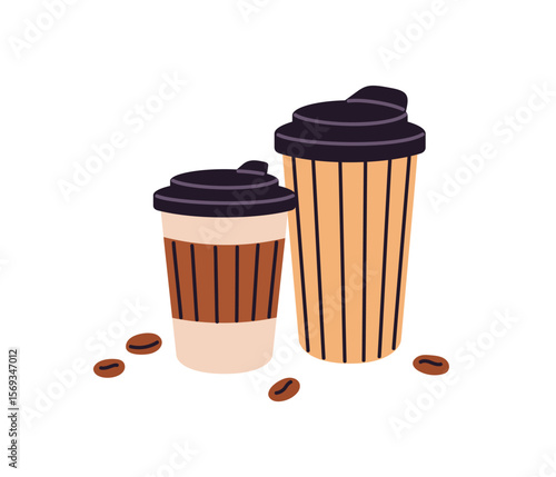 Paper cups of black coffee or with milk. Mugs of takeaway drinks from coffeehouse. Coffe to go from cofee shop. Hot beverages, tea, cappuccino. Flat isolated vector illustration on white background
