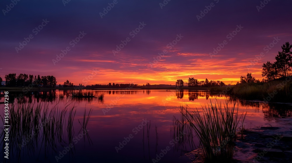 Fototapeta premium Vibrant Sunset Lake Reflection Landscape.