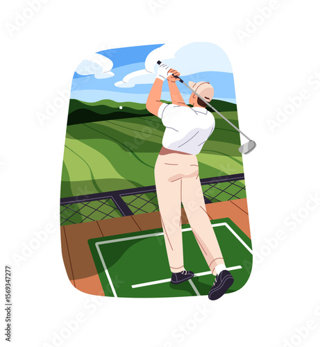 Professional golfer is training in driving range for championship. Golf player hits a ball with club. Person plays sports game on field back view. Flat isolated vector illustration on white background