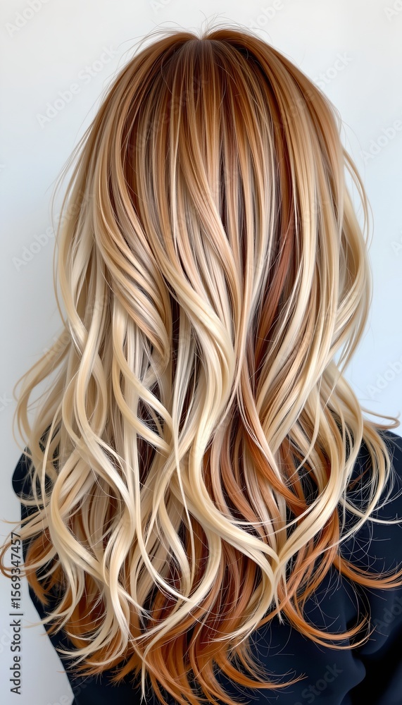 Naklejka premium the image focuses on the back of a person's head and shoulders, highlighting their flowing, wavy hair. the hair is a blend of shades, with the upper portion a combination of dark and light tones