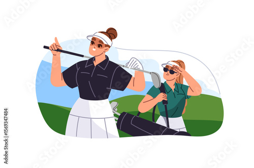 Professional golf players carry sports equipment in bag. Golfers in visor caps hold clubs. People play game on field together. Girls are training. Flat isolated vector illustration on white background