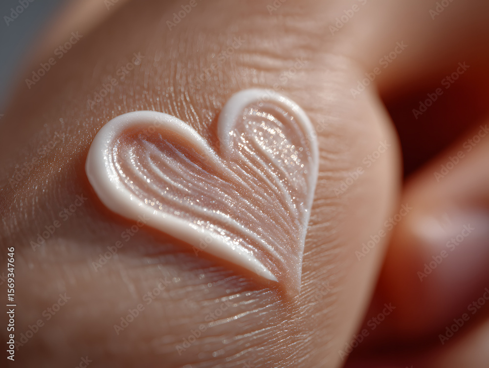 Fototapeta premium Hand shot with moisturizer applied in the shape of a heart. Generative AI