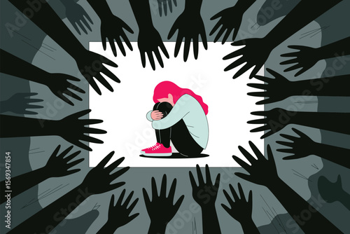 Illustration of sad girl surrounded by hands representing mental health issues and social anxiety concept