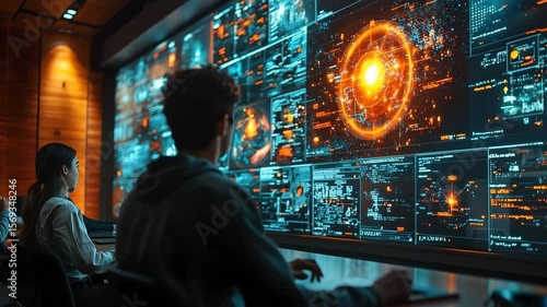 High tech classroom with students interacting with holographic displays