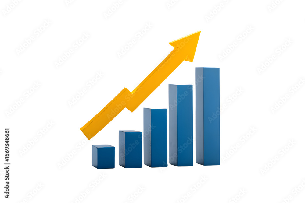 Blue bars with yellow arrow showing upward trending growth on a white background Blue bars with yellow arrow showing upward trending growth on a white background