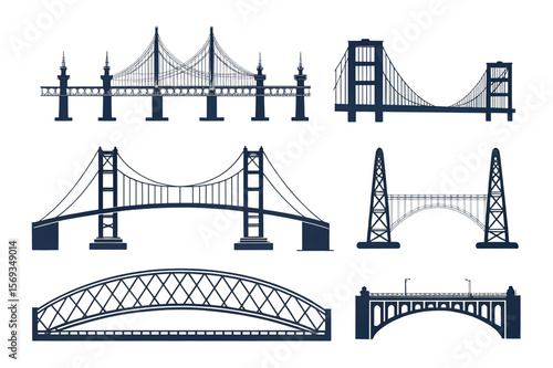 Collection of iconic bridge silhouettes isolated on transparent background