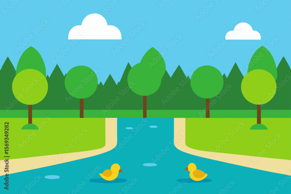 Fototapeta premium Road Beside A Large Pond With Ducks In A Public Park